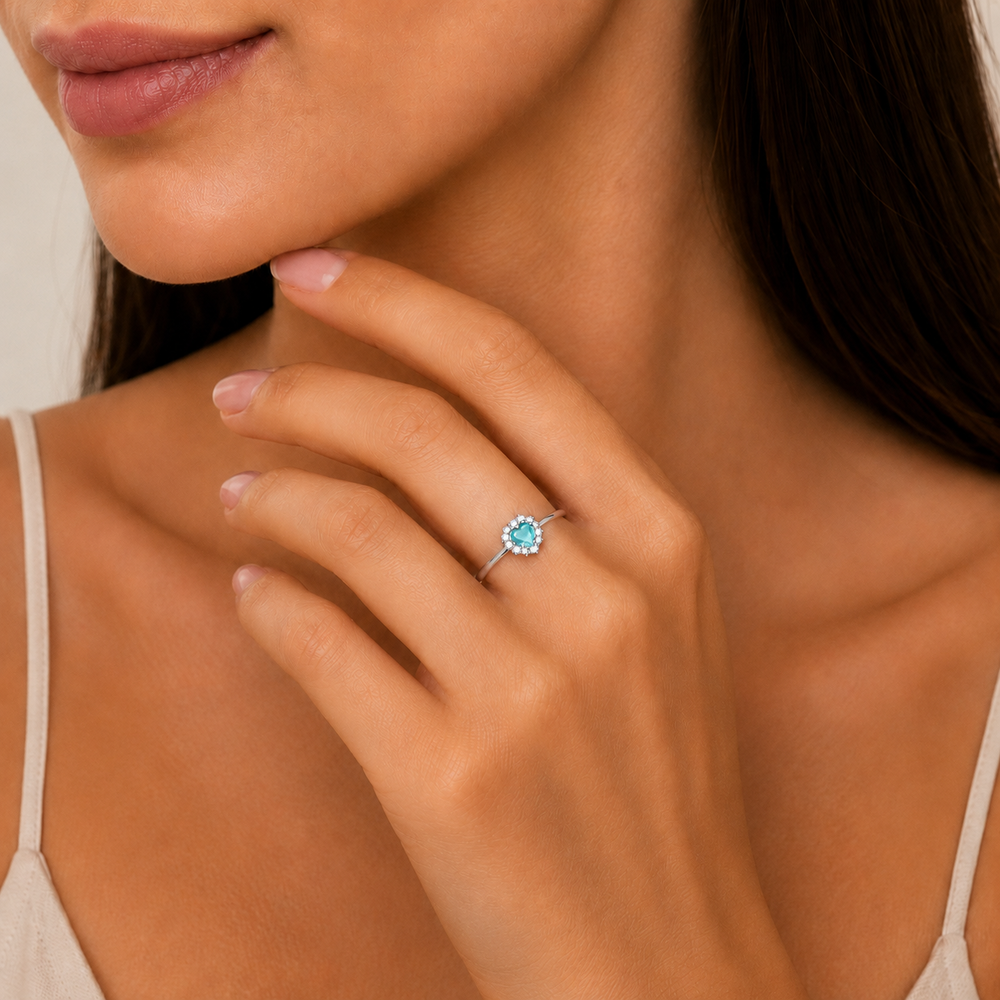 Anel Coração Azul Tiffany Borda Cravejada Prata 925 com Zircônias - Tam. 21