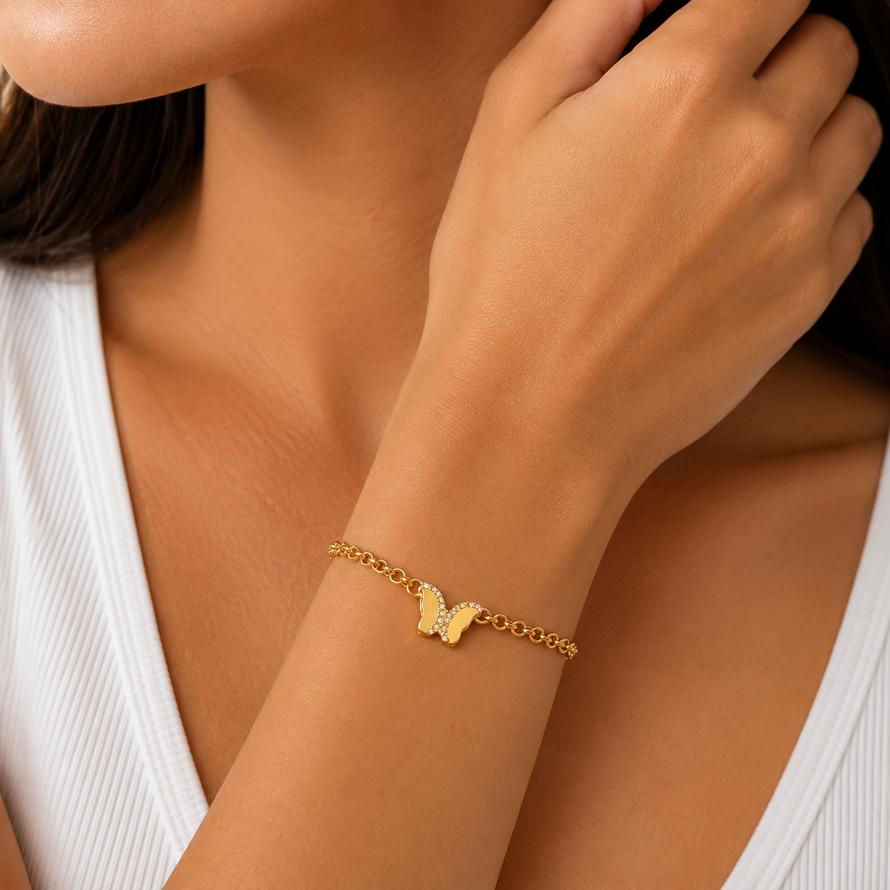 Pulseira Elo Português Borboleta 2 Faces Lisa e Cravejada Banhada a Ouro 18k com Zircônias - 16 cm + 5 cm (Alongador)