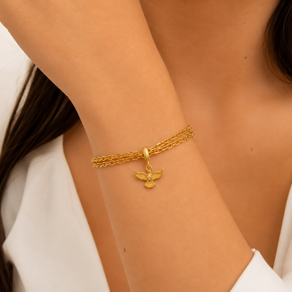 Pulseira Espirito Santo Dupla Detalhe em Pedra Banhado a Ouro 18k - Tam. 16,5 + 4 cm (Alongador)