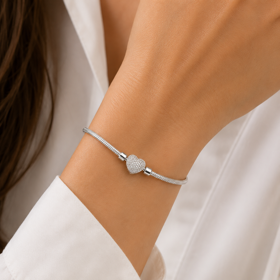 Pulseira Pandora com Fecho de Coração Cravejado Prata 925 com Zircônias - 18 cm