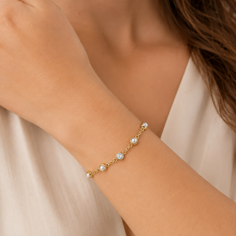 Pulseira Gravatinha Pérolas e Ponto de Luz Banhada a Ouro 18k com Zircônia