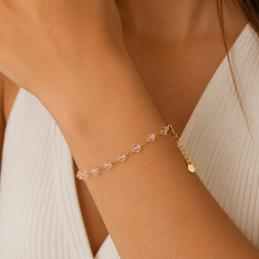 Pulseira com Cristais Rosas Banhado a Ouro 18k - 16,5 cm + 4 cm (Alongador)
