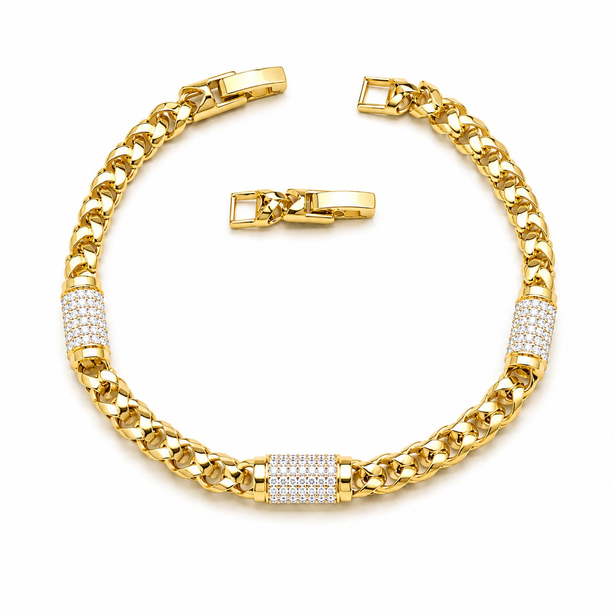 Pulseira Elo Franco com Cilindros Cravejado Banhada a Ouro 18k com Zircônias - 17,5 cm + 2 cm (Fecho Integrado)