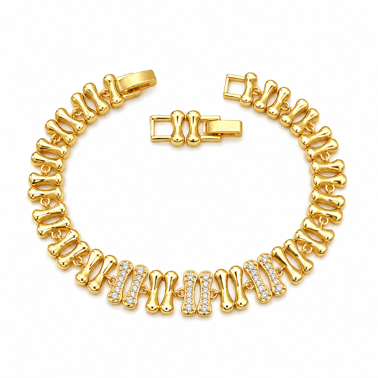 Pulseira Estilo Ossos Lisos e Cravejados Banhado a Ouro 18k com Zircônias Fecho Dobrável - 17,5 cm + 2 cm (Fecho Integrado)