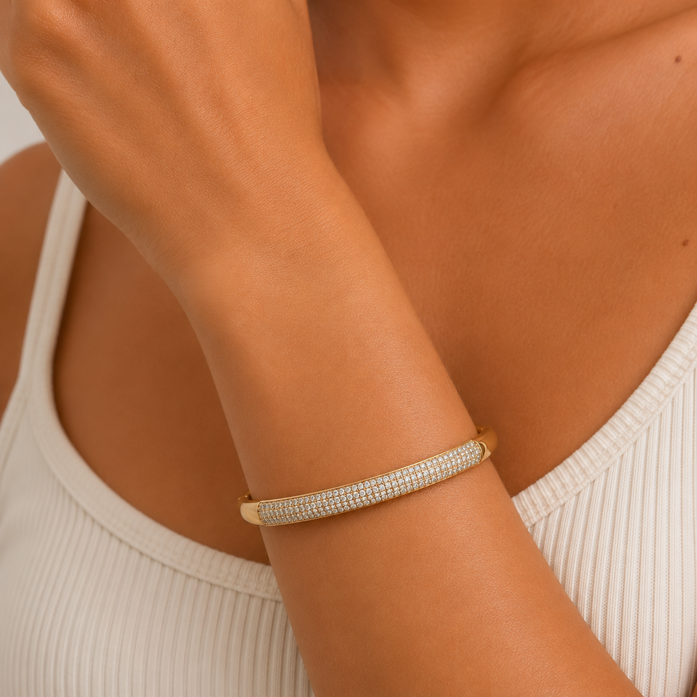 Pulseira Bracelete Faixa Central Cravejada 5 Banhado a Ouro 18k com Zircônias Fecho Click