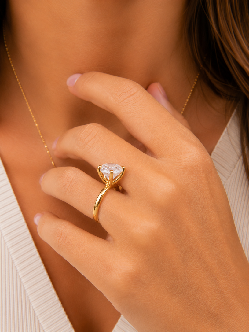 Anel Solitário 3mm Banhado a Ouro 18k com Zircônia 1 cm