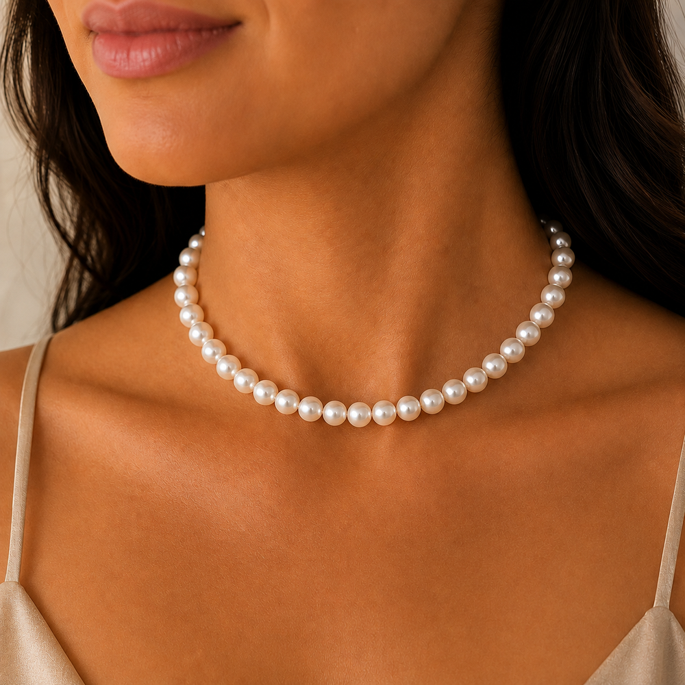 Corrente Colar com Pérolas (8mm) Banhado a Ouro 18k - 40 cm + 5 cm (Alongador)