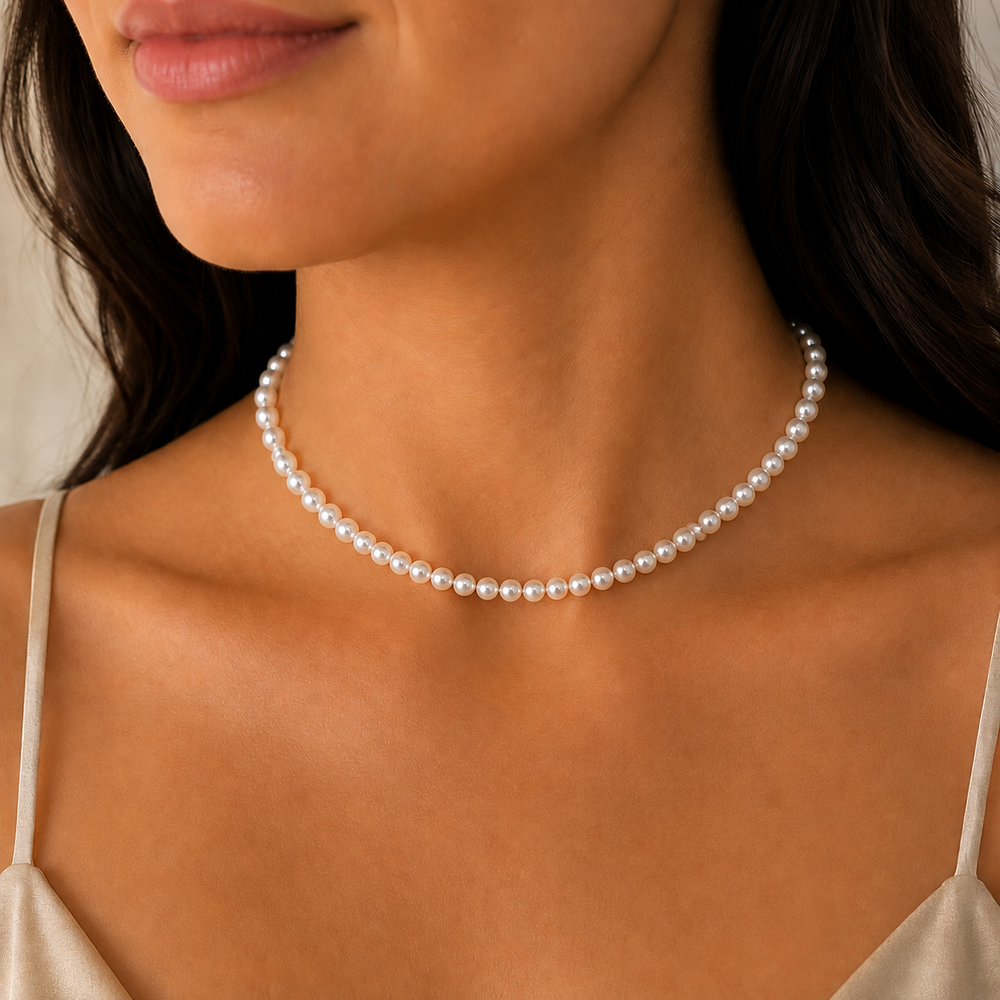 Corrente Colar com Pérolas (6mm) Banhado a Ouro 18k - 40 cm + 4 cm (Alongador)