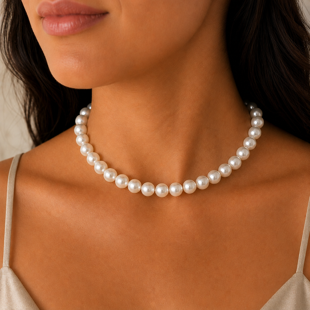 Corrente Colar com Pérolas (10mm) Banhado a Ouro 18k - 40 cm + 5 cm (Alongador)