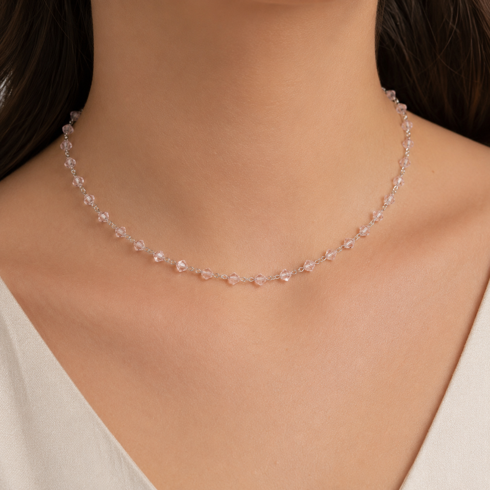 Colar Choker Cristal Rosa Folheada a Prata - 36 cm + 8 cm (Alongador)