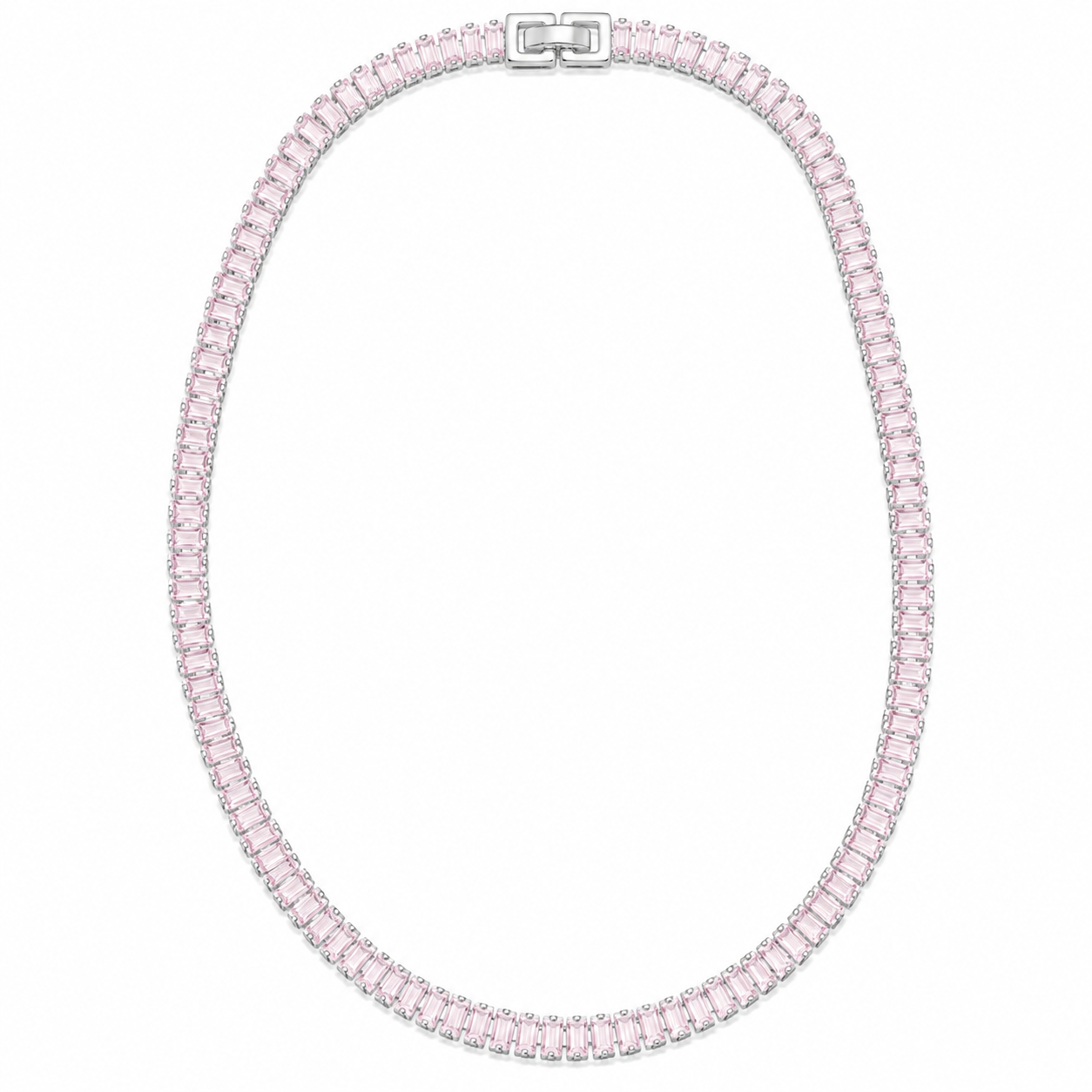 Colar Choker Riviera Baguete Rosa (6mm) Folheada a Prata com Zircônias Rosas Fecho Dobrável - 45 cm
