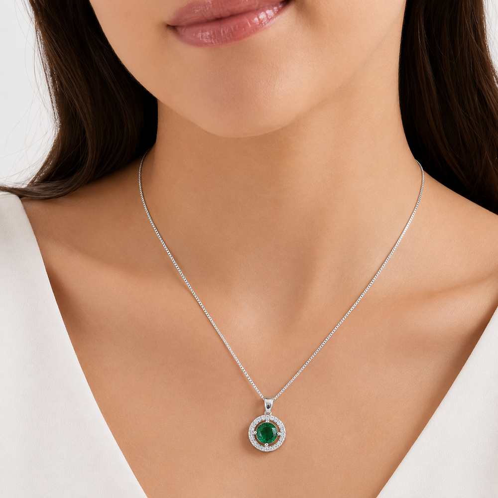 Corrente Colar com Aro Cravejado Pedra Central Verde Folheado a Prata com Zircônias - 40 cm + 4 cm (Alongador)
