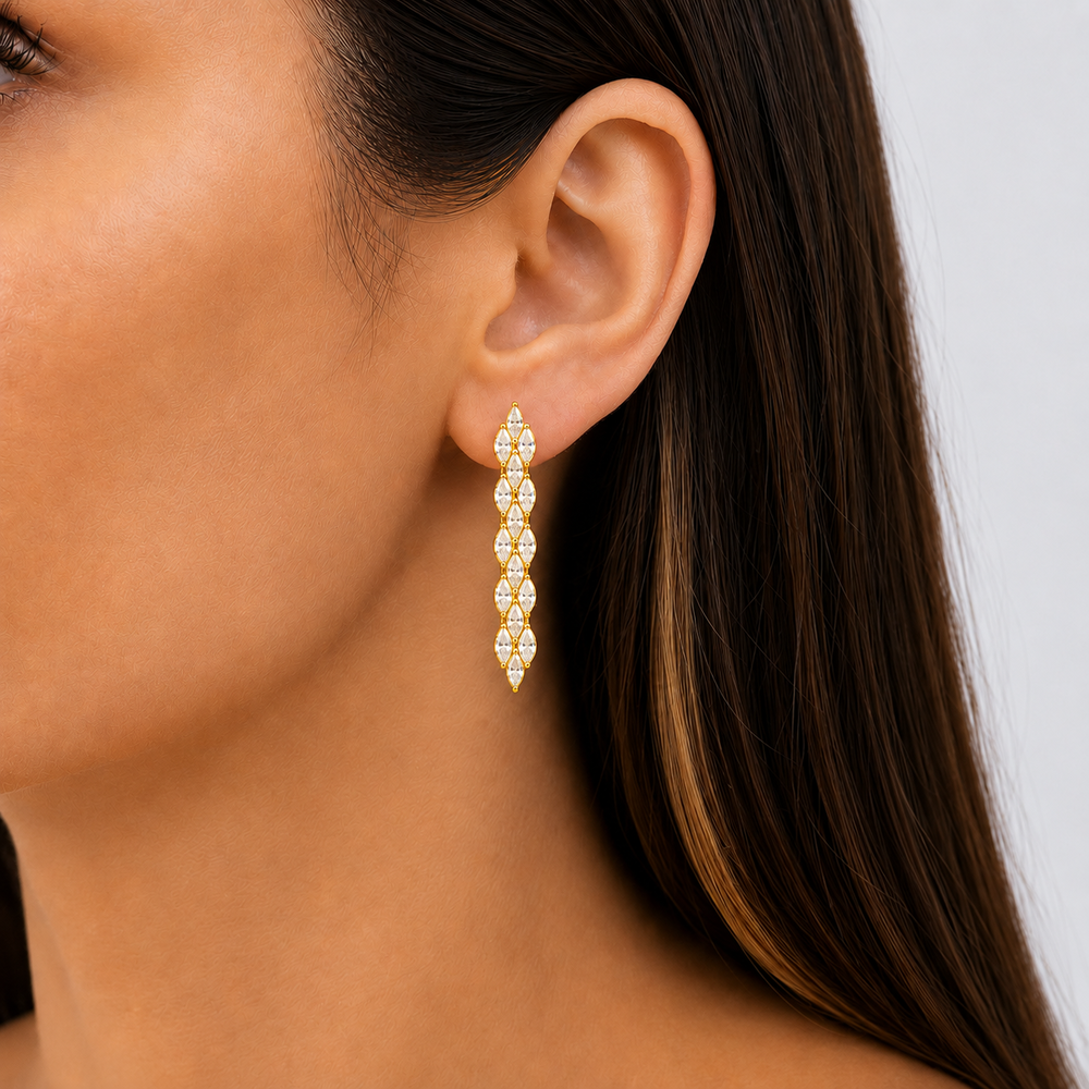 Brinco Cascata de Navetes Banhado a Ouro 18k com Zircônias - 3 cm