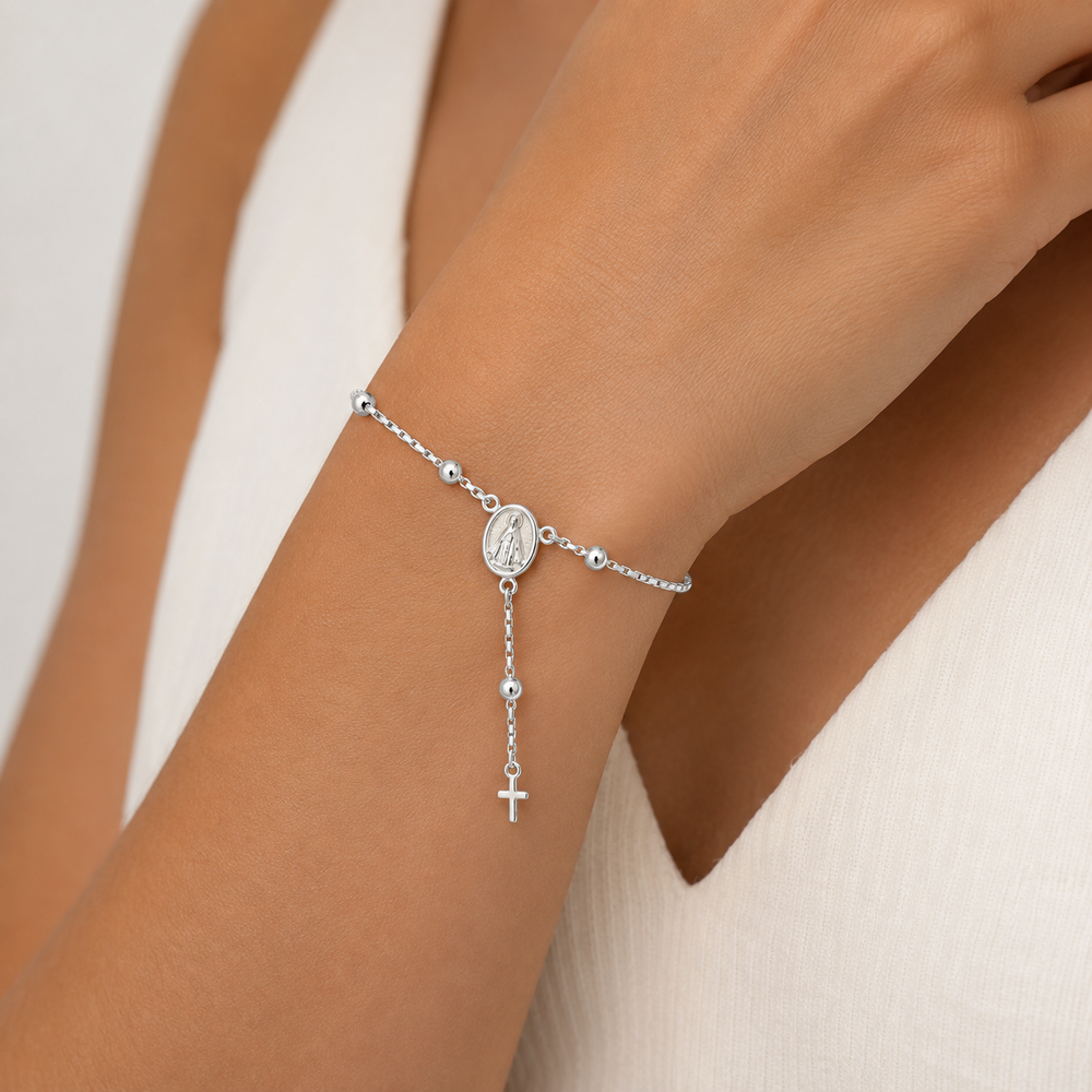 Pulseira Terço Rosário Nossa Senhora Elo Corrente Folheada a Prata - 17 cm + 3,5 cm (Alongador)