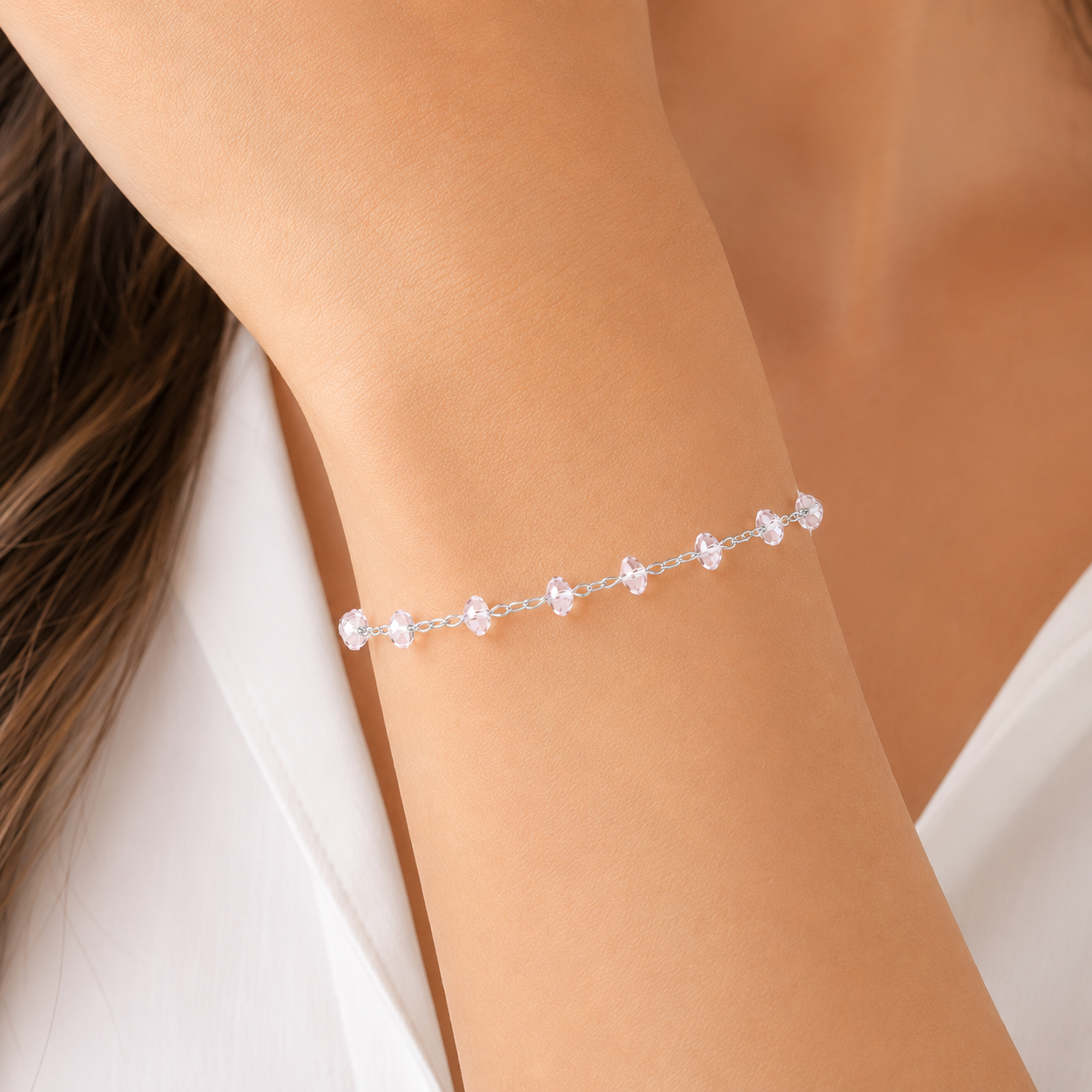Pulseira com Cristais Rosas Folheada a Prata - 16 cm + 4 cm (Alongador)