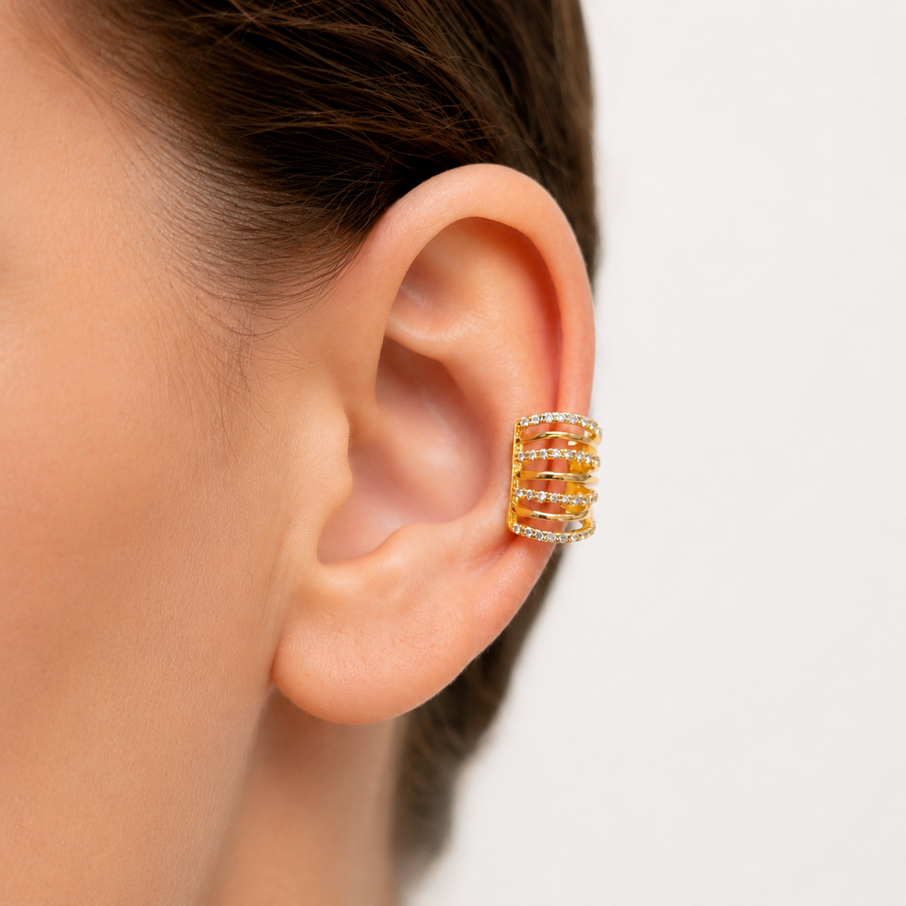 Brinco Cartilagem Earcuff Linhas Lisa e Cravejada Banhado a Ouro 18k com Zircônias - 1,4 cm