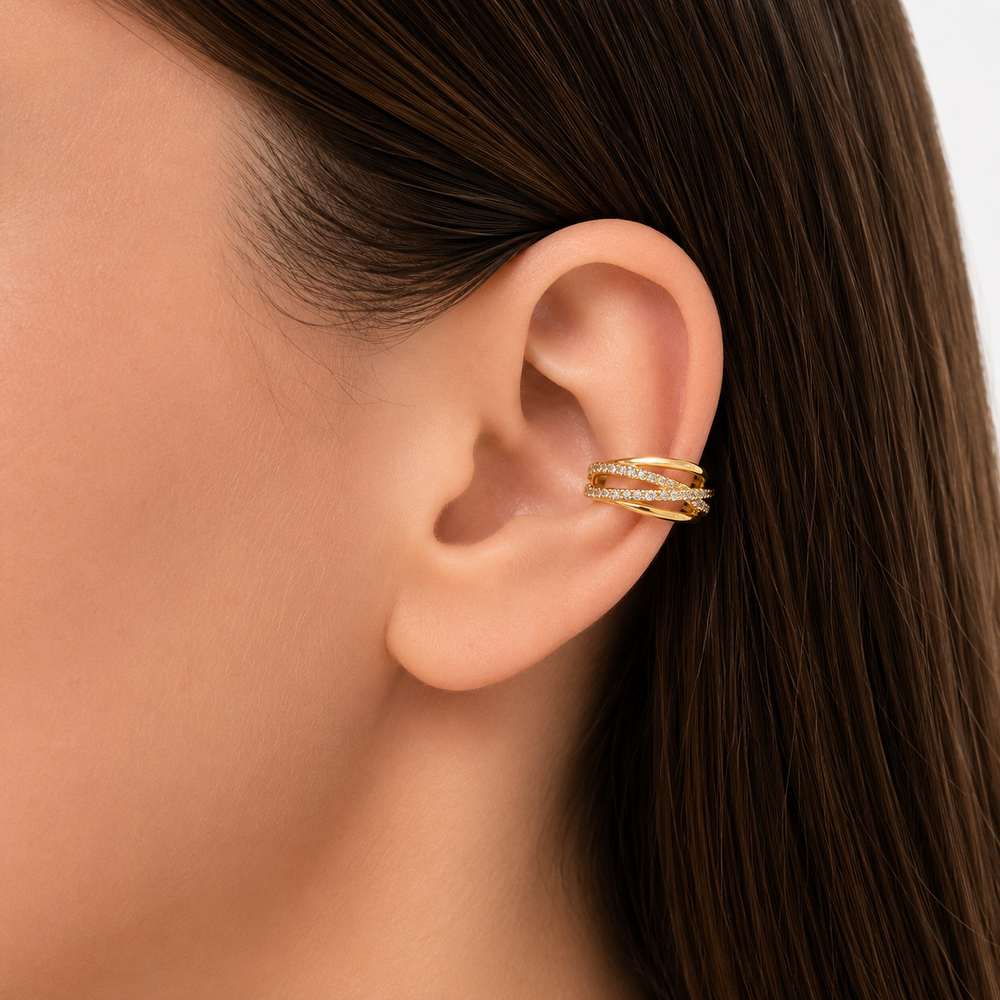 Brinco Cartilagem Piercing Fake Linhas Cravejadas Banhado a Ouro 18k Banhada a Ouro 18k - 1,8 cm
