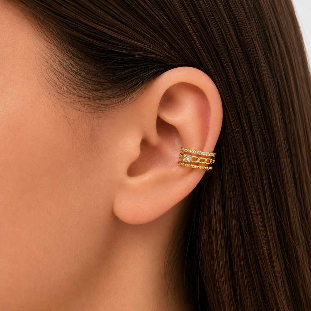 Brinco Cartilagem Piercing Fake 3 Fios com Pedras Banhado a Ouro 18k com Zircônias - 1,5 cm