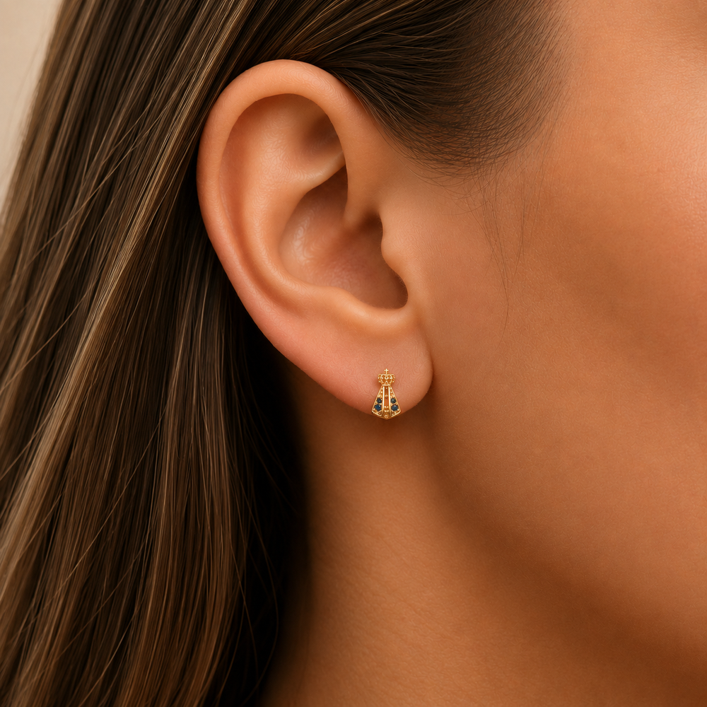 Brinco Nossa Senhora com Pedras Azuis Banhado a ouro 18k com Zircônia Azul - 8 mm