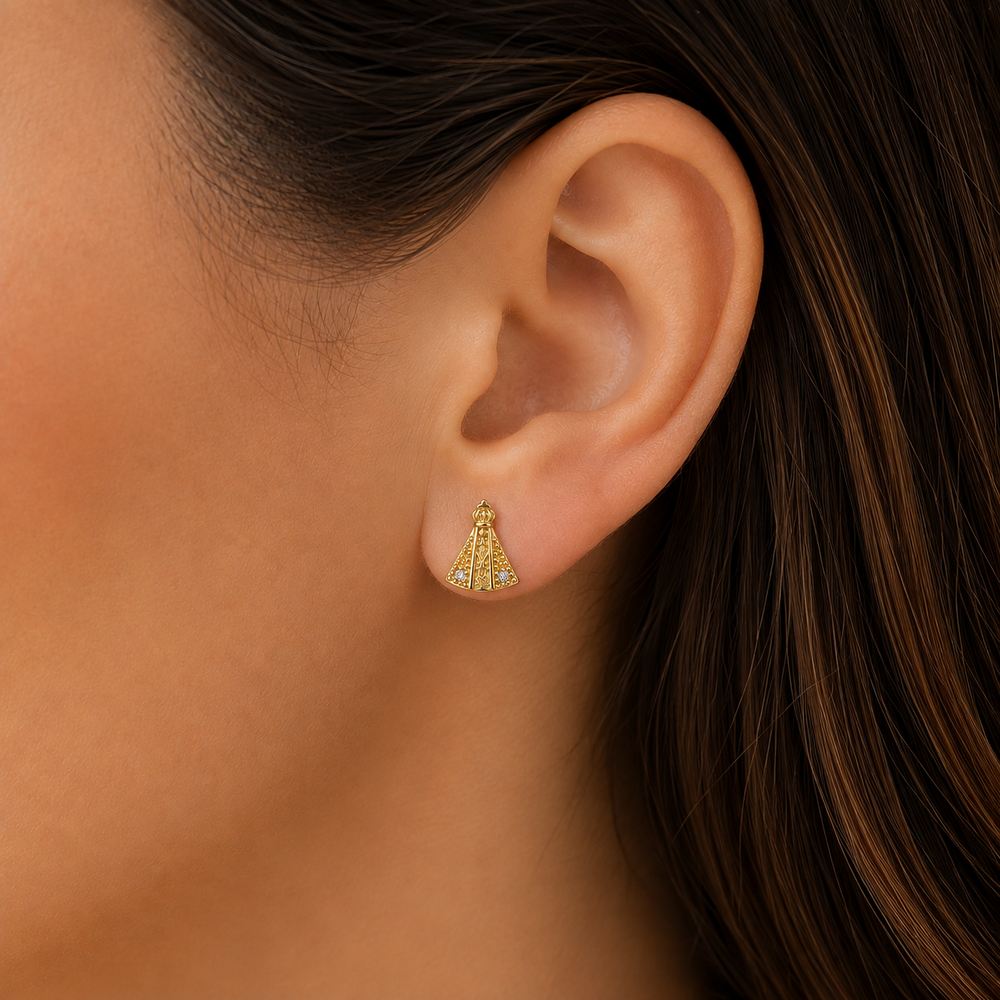 Brinco Nossa Senhora Detalhe com 2 Pedras Banhado a ouro 18k com Zircônias - 9 mm