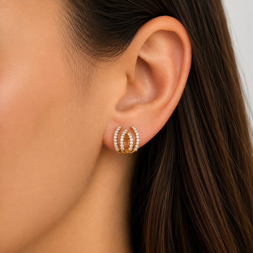 Brinco Argola Click Estilo Ear Cuff Garra Cravejado Banhado a Ouro 18k com Zircônias - 1,3 cm