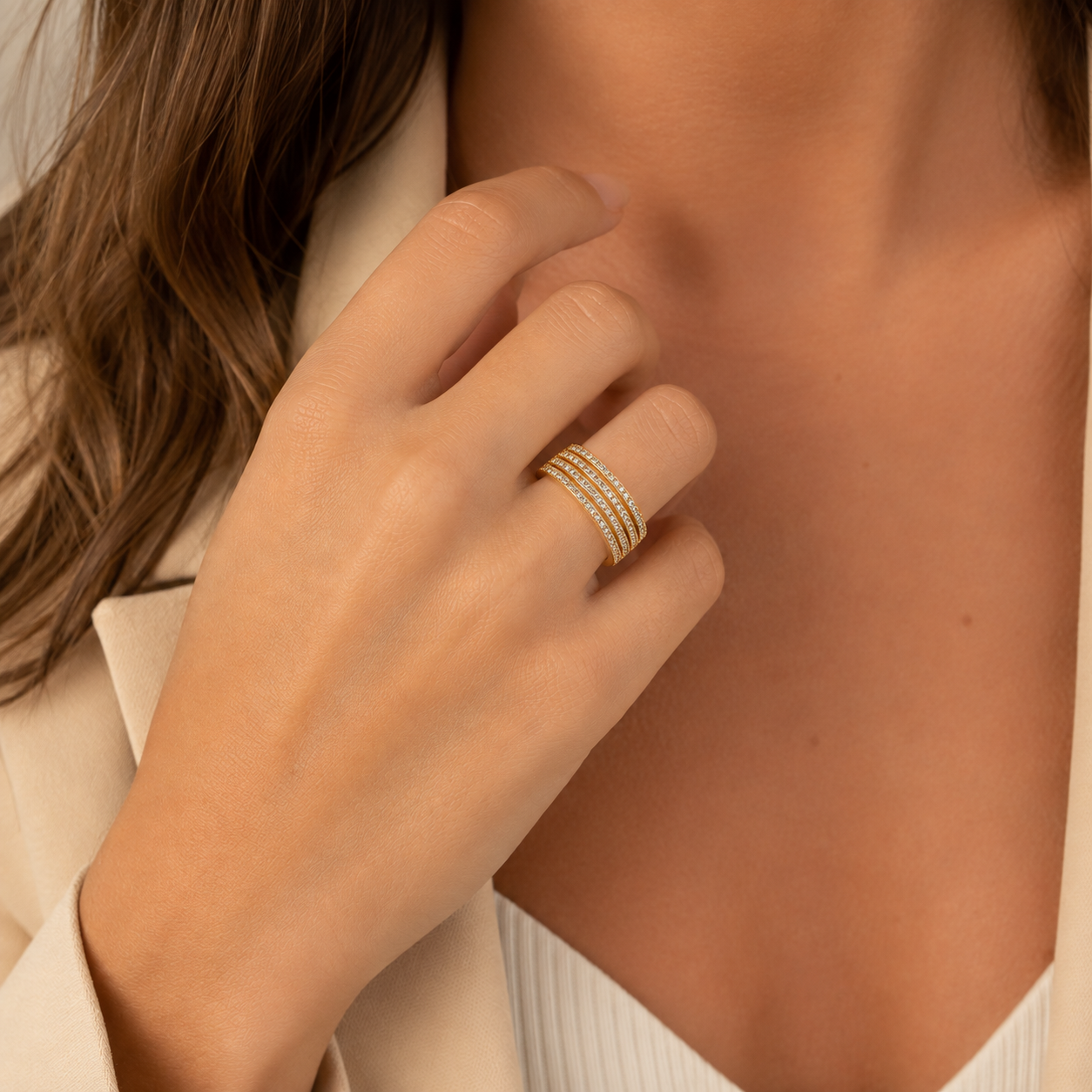 Anel 4 Linhas Cravejadas Banhado a Ouro 18k com Zircônias - Tam. 19