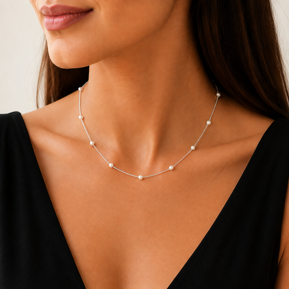 Corrente Veneziana com Pérolas Prata 925 - 35 cm + 5 cm (Alongador)