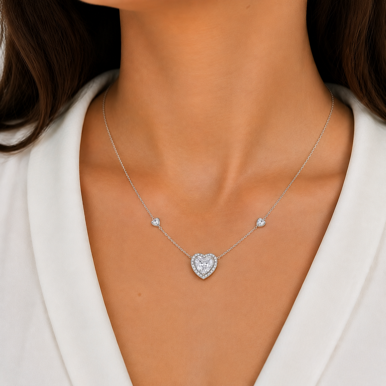 Colar Coração Ponto de Luz com Borda Cravejada e Detalhe de Pedra em Coração Prata 925 com Zircônia- 40 cm + 4,5 cm (Alongador)