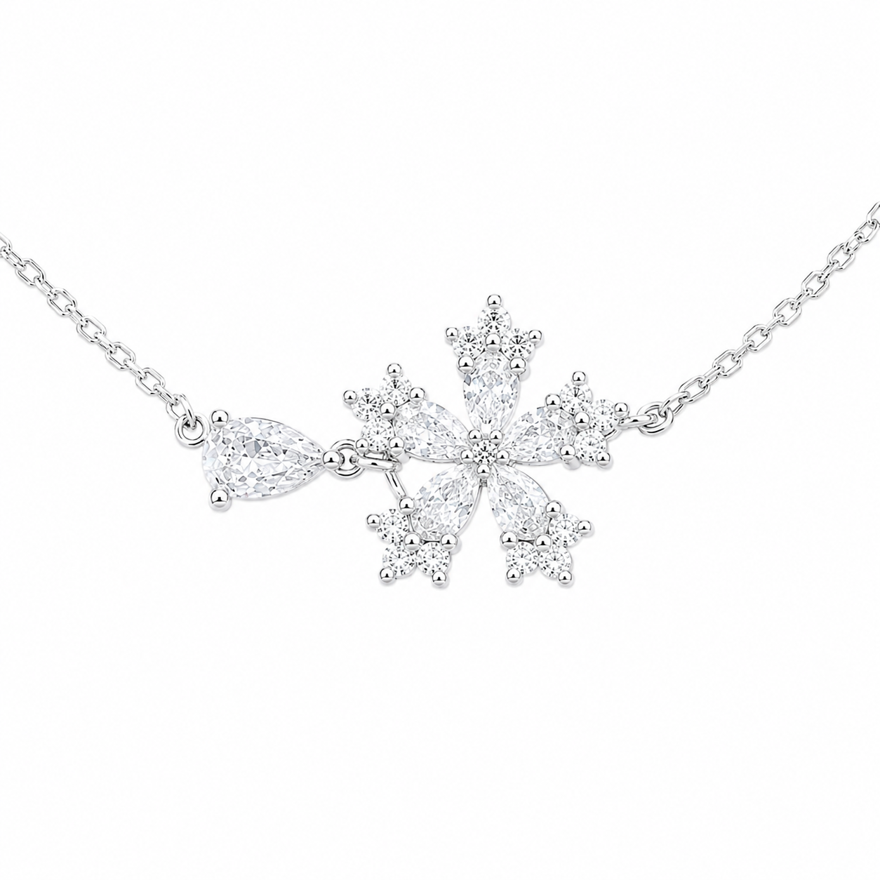 Pulseira Floco de Neve e Gota Cravejado Prata 925 com Zircônias - 15,5 cm + 3 cm (Alongador)