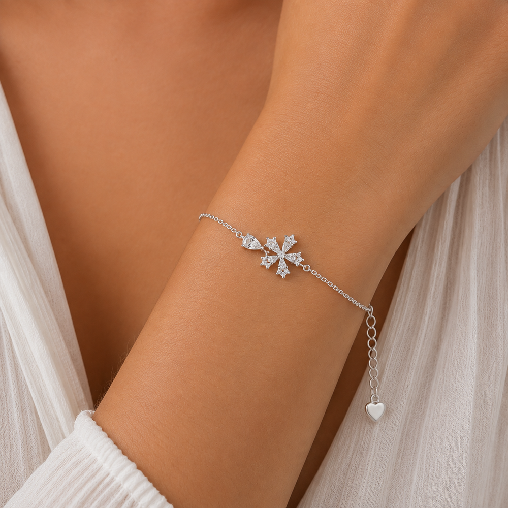 Pulseira Floco de Neve e Gota Cravejado Prata 925 com Zircônias - 15,5 cm + 3 cm (Alongador)