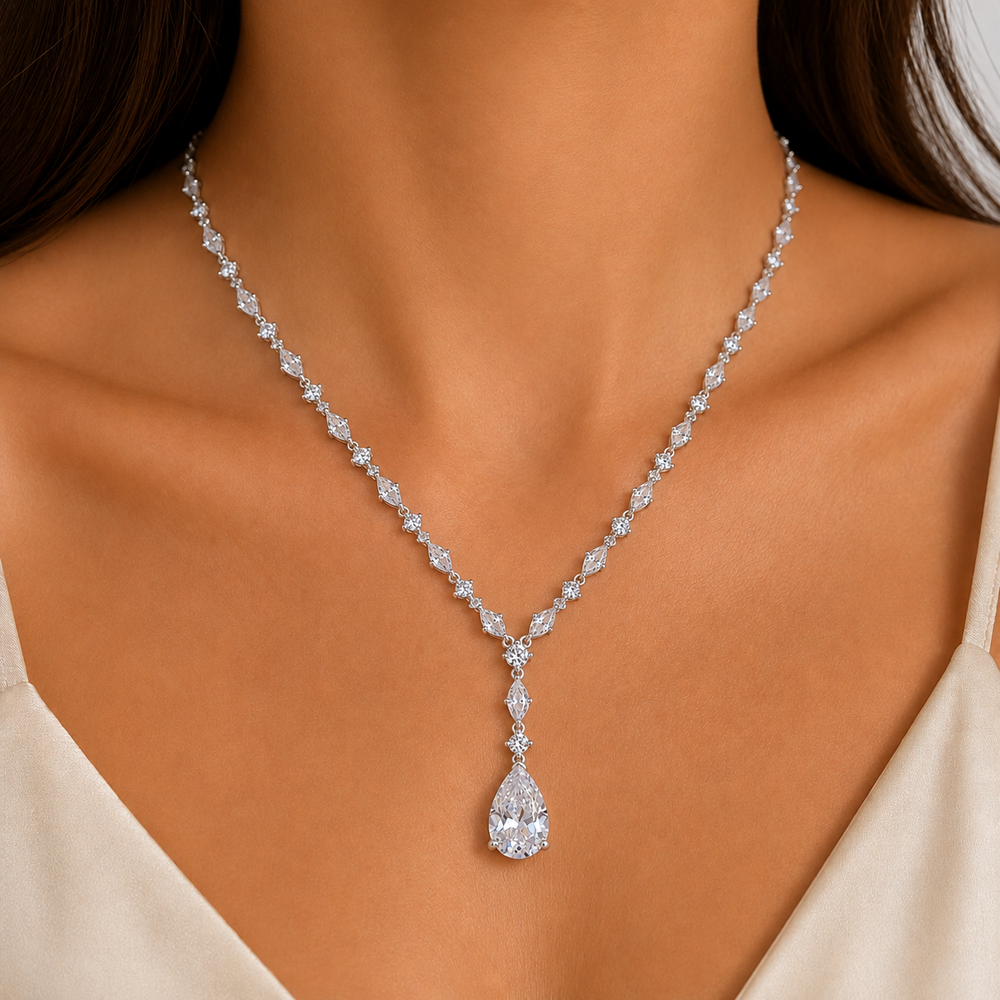 Colar Estilo Riviera e Gota Pendurada Prata 925 com Zircônias - 40 cm ++ 4,5 cm (Alongador)