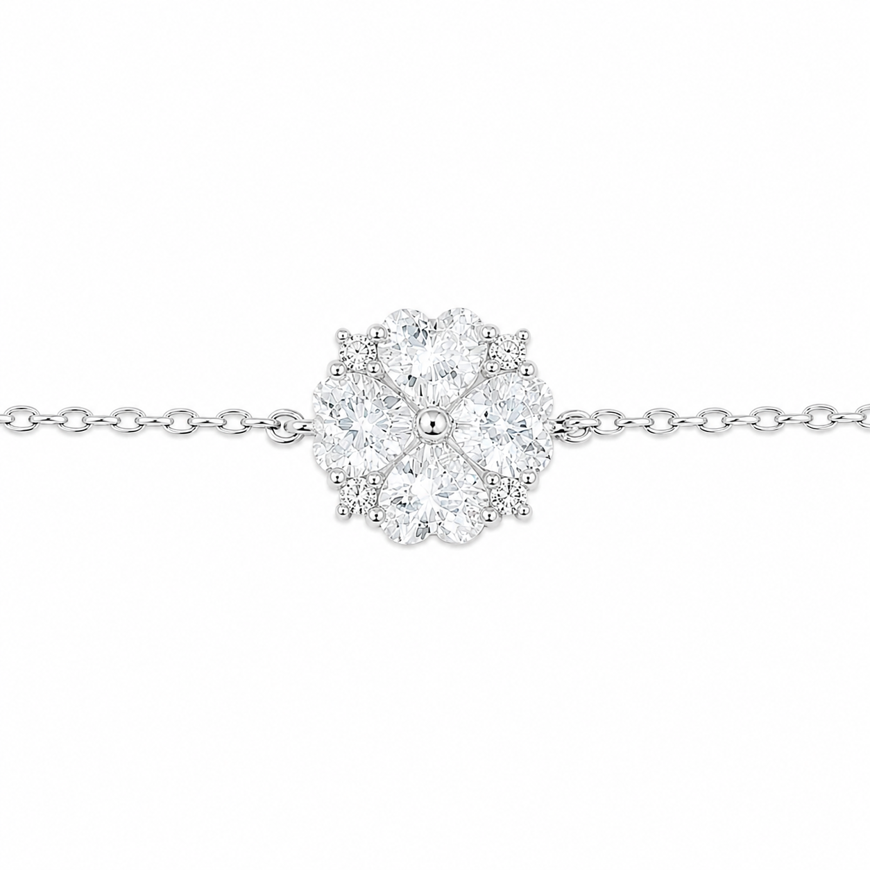 Pulseira Estilo Flor com Corações Prata 925 com Zircônias - 15,5 cm + 3 cm (Alongador)