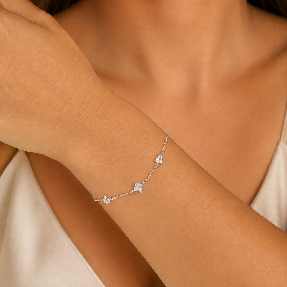 Pulseira Formas Geométricas Prata 925 com Zircônias - 16 cm + 3 cm (Alongador)