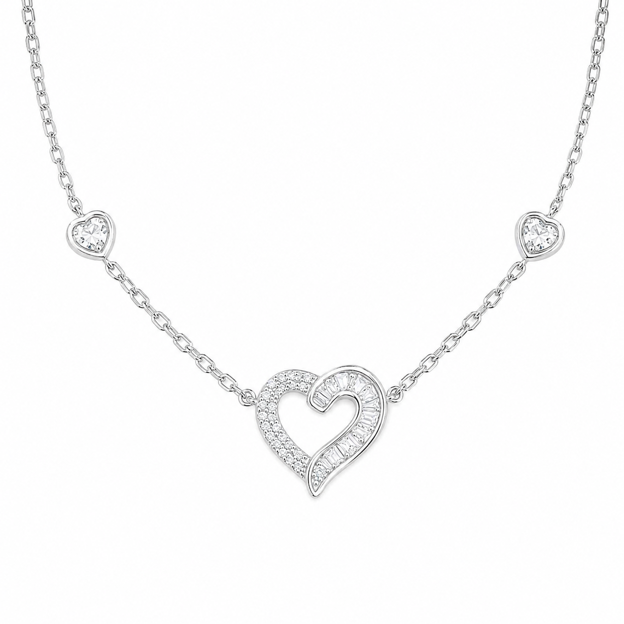 Pulseira Coração Cravejado e com Pedra Baguete Prata 925 com Zircônias - 15,5 cm + 3 cm (Alongador)