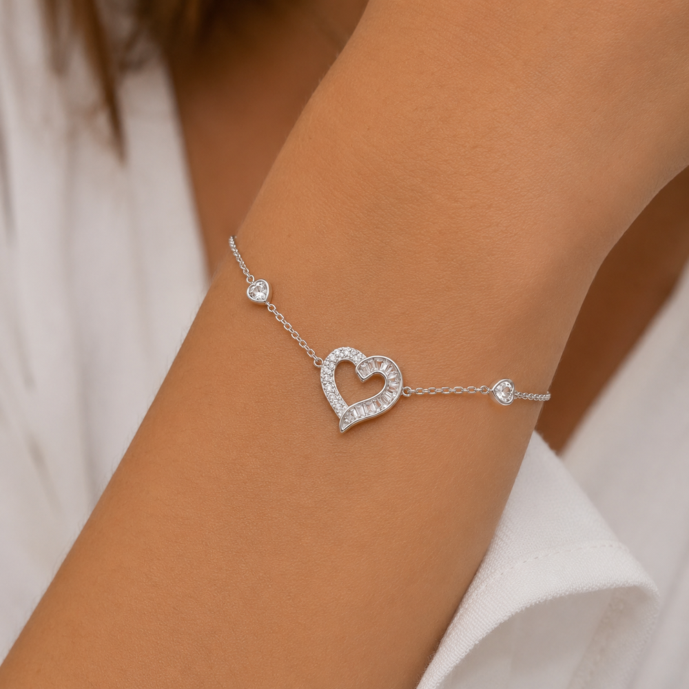 Pulseira Coração Cravejado e com Pedra Baguete Prata 925 com Zircônias - 15,5 cm + 3 cm (Alongador)
