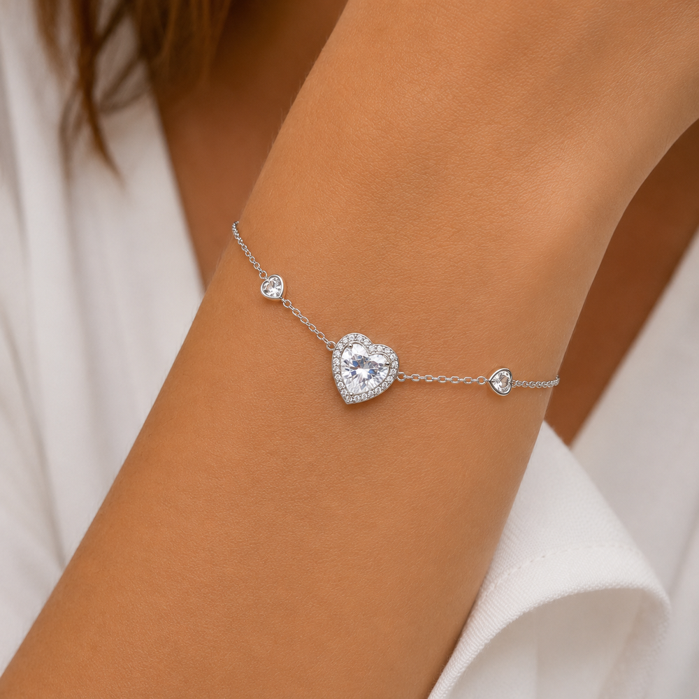 Pulseira Coração Ponto de Luz com Borda Cravejada e Detalhe de Pedra em Coração Prata 925 com Zircônia - 16 cm + 3 cm (Alongador)