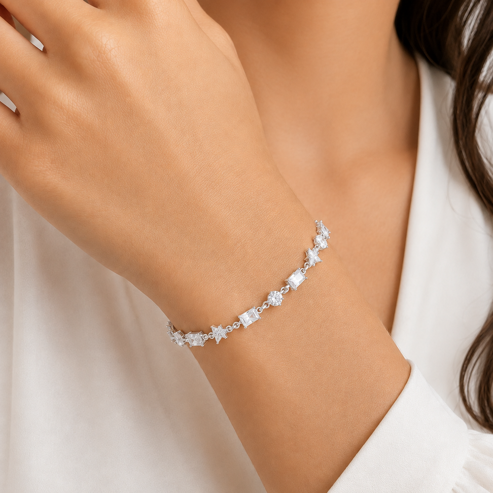 Pulseira Múltiplas Formas Geométricas Prata 925 com Zircônias - 17 cm + 2,5 cm (Extensor)