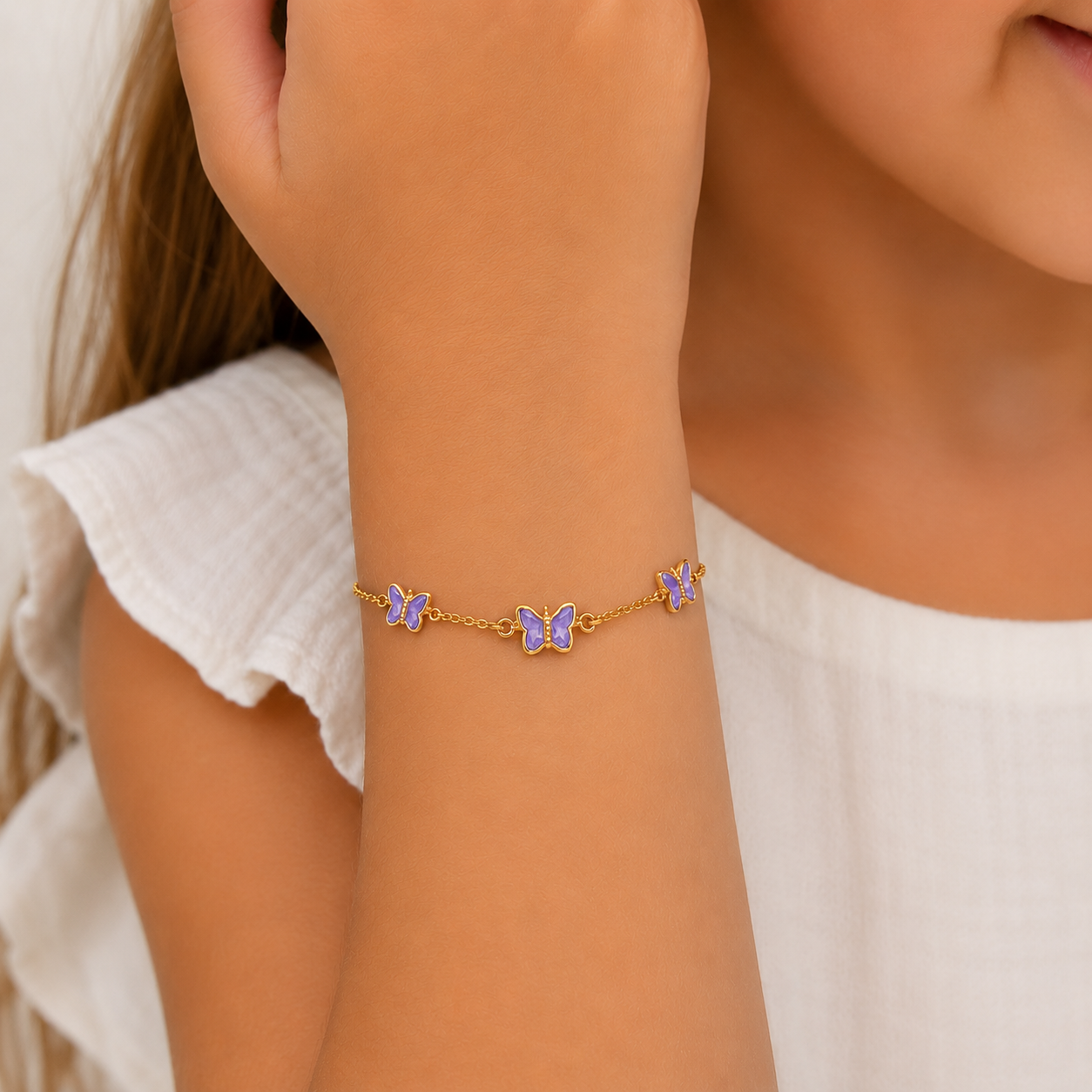 Pulseira Infantil 3 Borboletas Lilás Banhada a Ouro 18k com Zircônia Lilás -13,5 cm + 3 cm (Alongador)