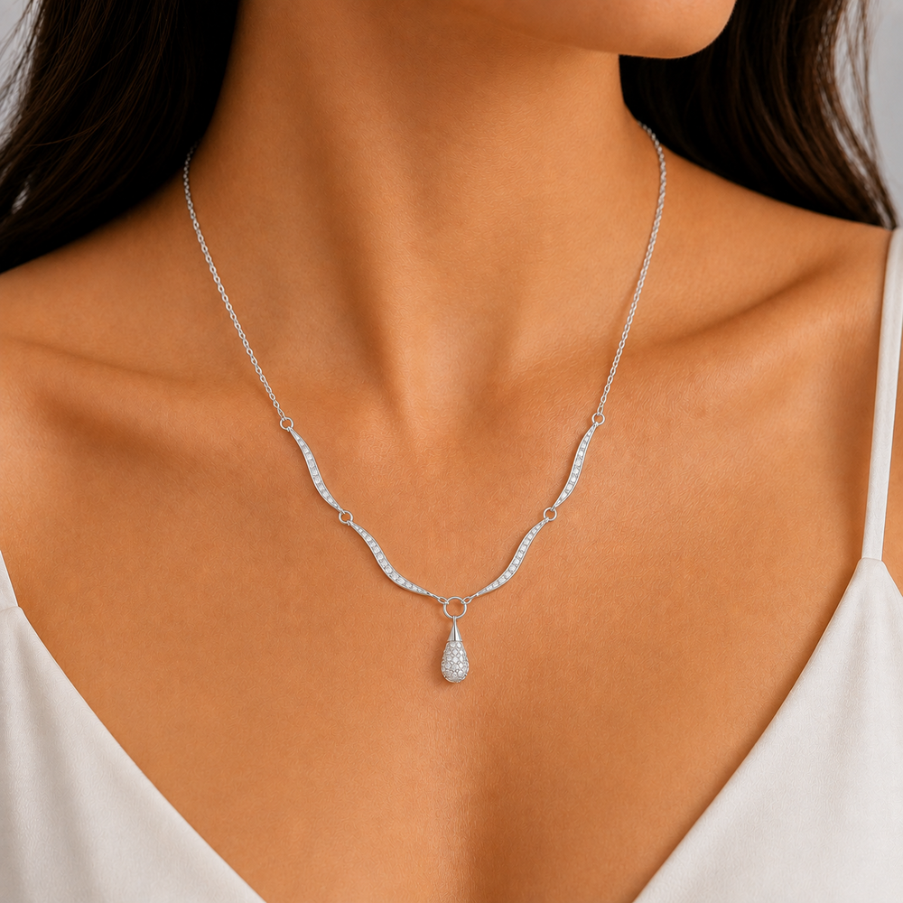 Colar Detalhes Ondulado e Gota Cravejados Prata 925 com Zircônias - 40 cm + 4,5 cm (Alongador)