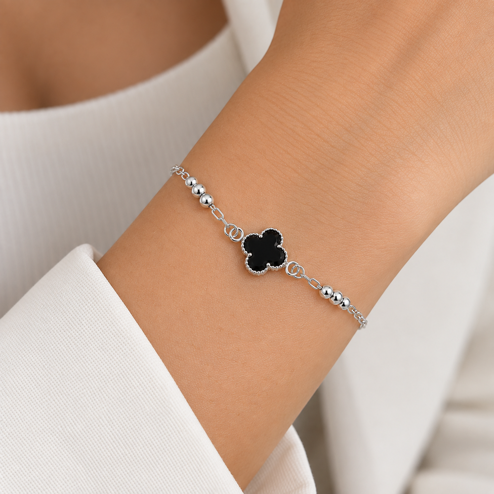 Pulseira Trevo Preto e Bolinhas Prata 925 - 15,5 cm + 5 cm (Alongador)