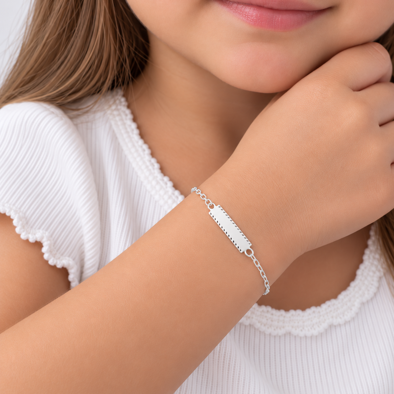 Pulseira Infantil Chapa com Detalhes Prata 925 - 11,5 cm + 3,5 cm (Alongador)