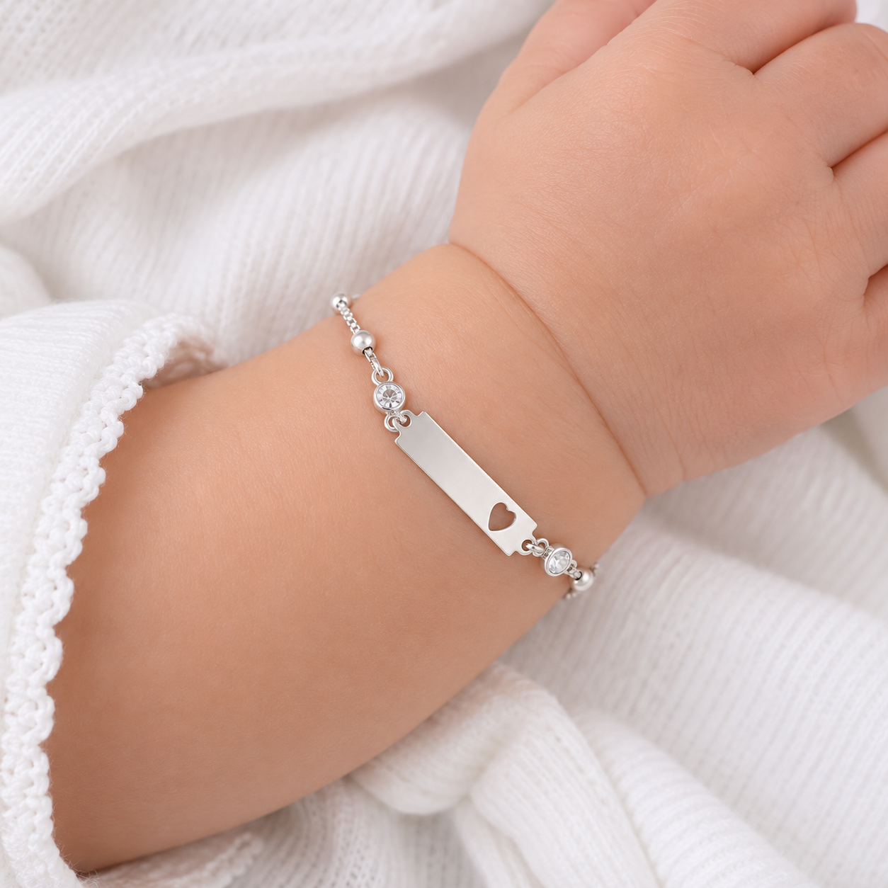 Pulseira Infantil Chapa Coração RN Bolinha e Ponto de Luz Prata 925 com Zircônias - 10 cm + 3,5 cm (Alongador)