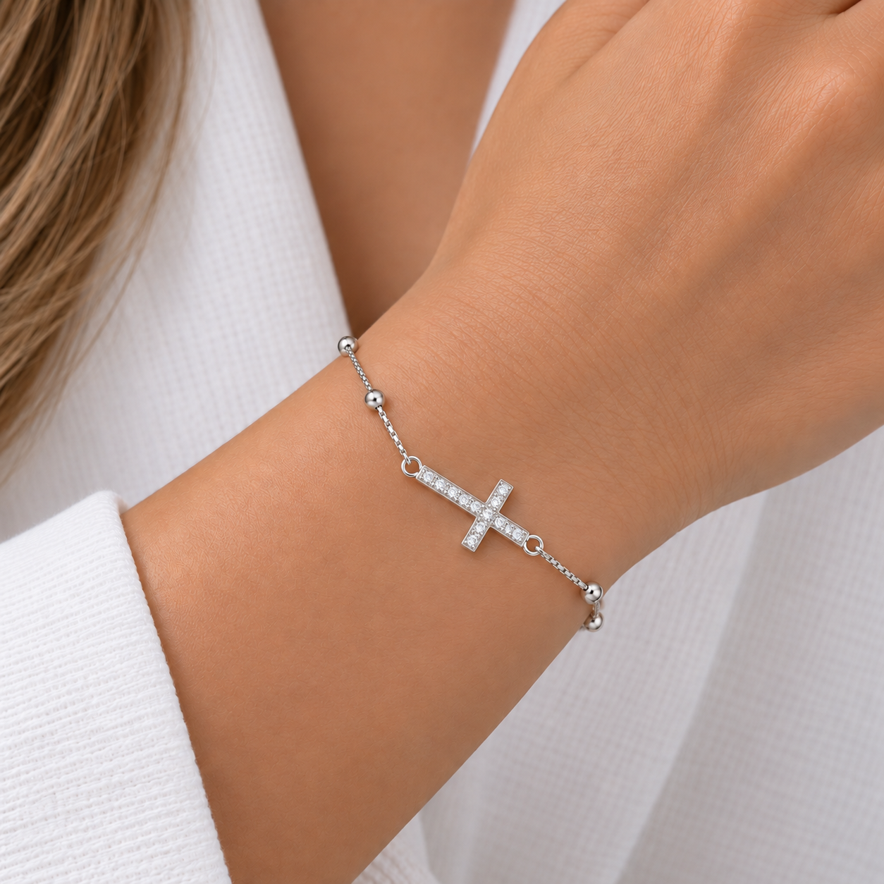 Pulseira Veneziana Bolinhas e Cruz Cravejada Prata 925 com Zircônias - 15,5 cm + 5 cm (Alongador)