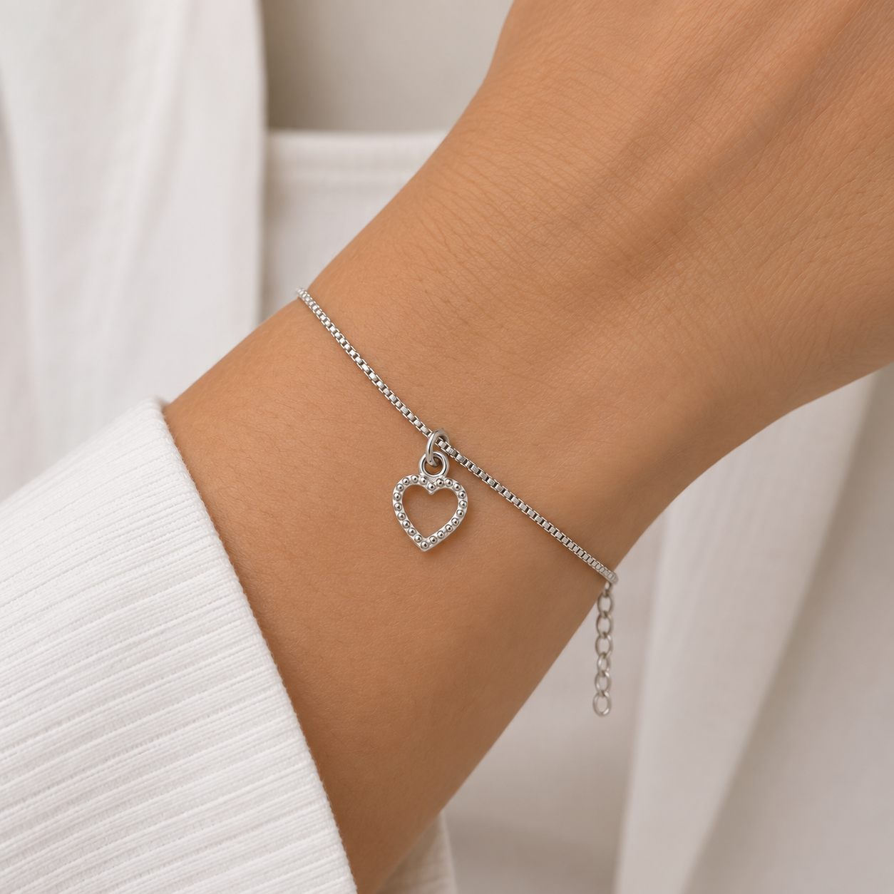 Pulseira Veneziana Coração Pontilhado Prata 925 - 16 cm + 5 cm