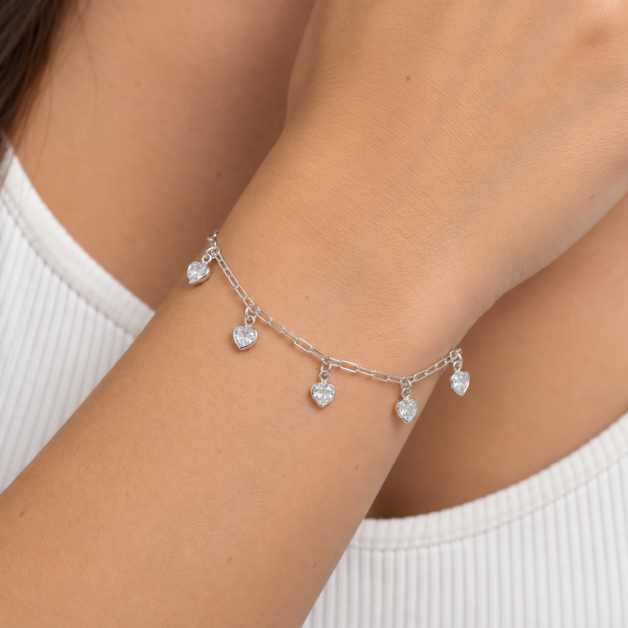 Pulseira Coração Ponto de Luz Prata 925 com Zircônias - 15 cm + 5 cm (Alongador)