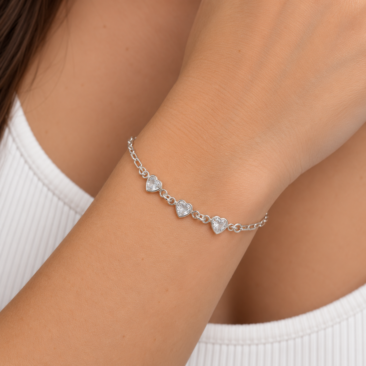 Pulseira 3 Corações Prata 925 com Zircônias - 15,5 cm + 5 cm (Alongador)