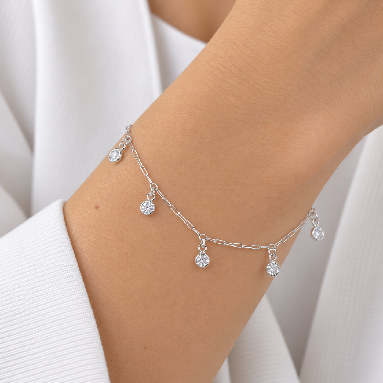 Pulseira Ponto Luz Prata 925 com Zircônias - 15,5 cm + 5 cm (Alongador)