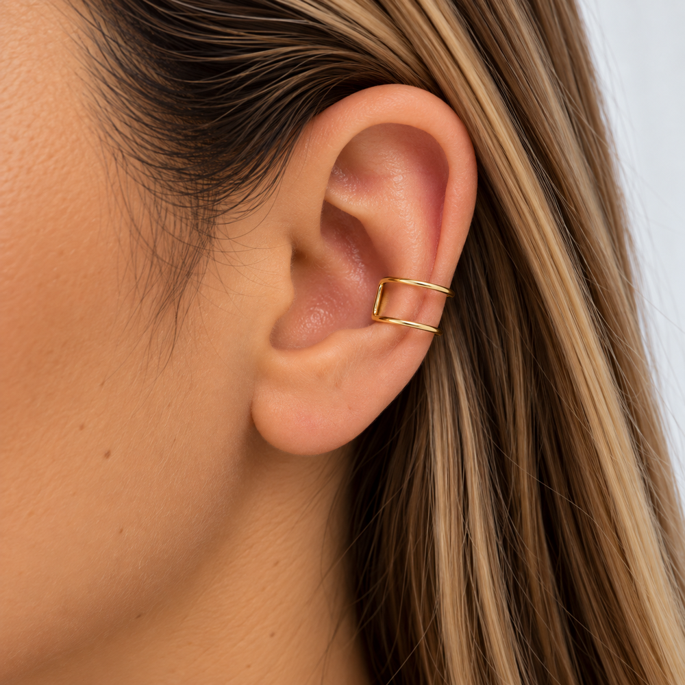 Brinco Cartilagem Piercing Fake 2 Linhas Banhado a Ouro 18k - 1,3 cm