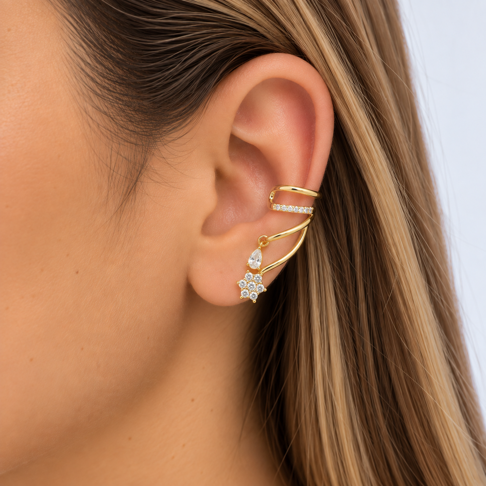 Brinco Cartilagem Piercing Fake 4 Linhas Estrela e Gota Banhado a Ouro 18k com Zircônias - 2,5 cm