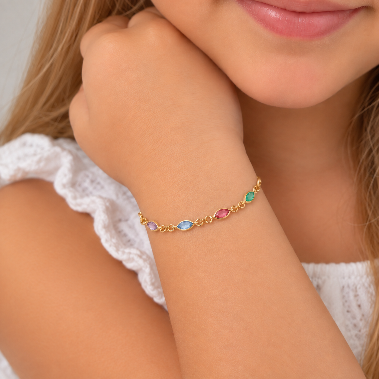 Pulseira Infantil Colorido Pedras Navete Banhada a Ouro 18k com Zircônias - 11,5 cm + 3,5 cm (Alongador)